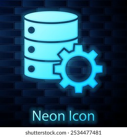 Glowing neon Server and gear icon isolated on brick wall background. Adjusting app, service concept, setting options, maintenance, repair, fixing.  Vector Illustration