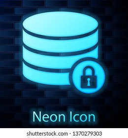 Glowing neon Server security with closed padlock icon isolated on brick wall background. Database and lock. Security, safety, protection concept. Vector Illustration