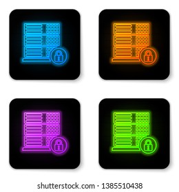 Glowing neon Server security with closed padlock icon isolated on white background. Security, safety, protection concept. Black square button. Vector Illustration