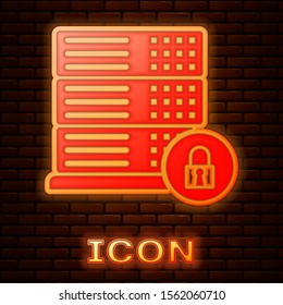 Glowing neon Server security with closed padlock icon isolated on brick wall background. Security, safety, protection concept.  Vector Illustration