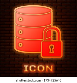 Glowing neon Server security with closed padlock icon isolated on brick wall background. Security, safety, protection concept. Vector Illustration