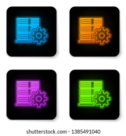 Glowing neon Server setting icon isolated on white background. Black square button. Vector Illustration