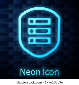 Glowing neon Server with shield icon isolated on brick wall background. Protection against attacks. Network firewall, router, switch, data. Vector Illustration