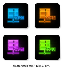 Glowing neon Server VPN icon isolated on white background. Black square button. Vector Illustration