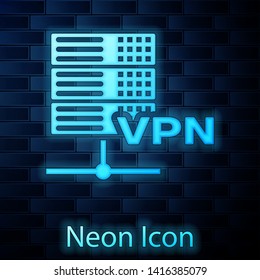 Glowing neon Server VPN icon isolated on brick wall background. Vector Illustration