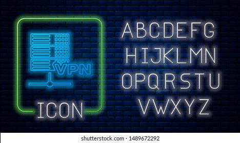 Glowing neon Server VPN icon isolated on brick wall background. Neon light alphabet. Vector Illustration