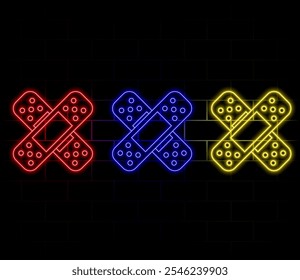 Glowing neon Set Bandage plaster icon isolated on brick wall background. Medical plaster, adhesive bandage, flexible fabric bandage. Vector Illustration.