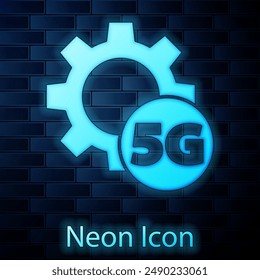 Glowing neon Setting 5G new wireless internet wifi connection icon isolated on brick wall background. Global network high speed connection data rate technology.  Vector