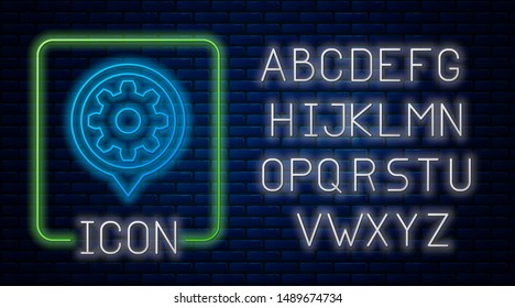 Glowing neon Setting icon isolated on brick wall background. Tools, service, cog, gear, cogwheel sign. Neon light alphabet. Vector Illustration