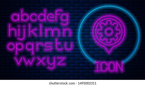 Glowing neon Setting icon isolated on brick wall background. Tools, service, cog, gear, cogwheel sign. Neon light alphabet. Vector Illustration