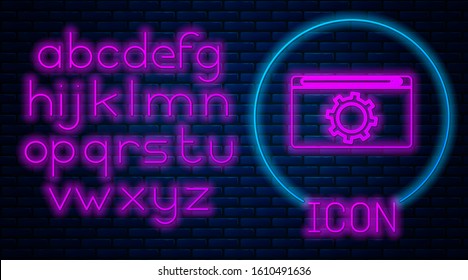 Glowing neon Setting icon isolated on brick wall background. Adjusting, service, maintenance, repair, fixing. Neon light alphabet. Vector Illustration