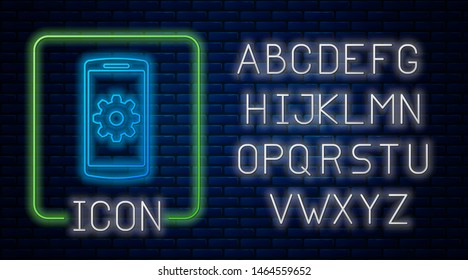 Glowing neon Setting on smartphone icon isolated on brick wall background. Mobile phone and gear. Adjusting, service, setting, maintenance, repair, fixing. Neon light alphabet. Vector Illustration