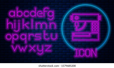 Glowing neon Sewing machine icon isolated on brick wall background. Neon light alphabet. Vector Illustration