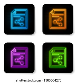 Glowing neon Share file icon isolated on white background. File sharing. File transfer sign. Black square button. Vector Illustration