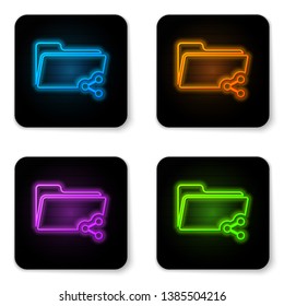 Glowing neon Share folder icon isolated on white background. Folder sharing. Folder transfer sign. Black square button. Vector Illustration