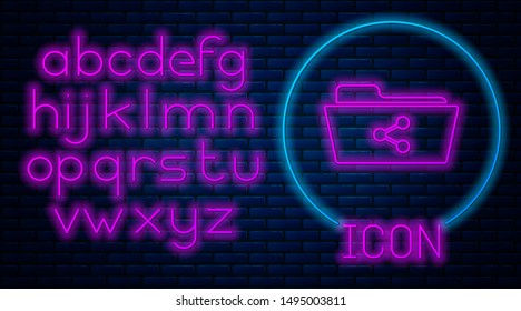 Glowing neon Share folder icon isolated on brick wall background. Folder sharing. Folder transfer sign. Neon light alphabet. Vector Illustration