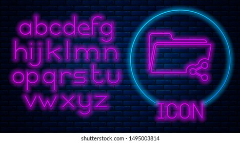 Glowing neon Share folder icon isolated on brick wall background. Folder sharing. Folder transfer sign. Neon light alphabet. Vector Illustration