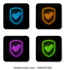 Glowing neon Shield with check mark icon isolated on white background. Protection symbol. Security check Icon. Tick mark approved icon. Black square button. Vector Illustration