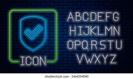Glowing neon Shield with check mark icon isolated on brick wall background. Protection symbol. Security check Icon. Tick mark approved icon. Neon light alphabet. Vector Illustration