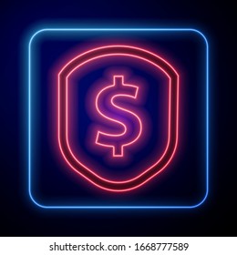 Glowing neon Shield with dollar symbol icon isolated on blue background. Security shield protection. Money security concept.  Vector Illustration