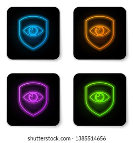 Glowing neon Shield and eye icon isolated on white background. Security, safety, protection, privacy concept. Black square button. Vector Illustration