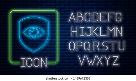 Glowing neon Shield and eye icon isolated on brick wall background. Security, safety, protection, privacy concept. Neon light alphabet. Vector Illustration