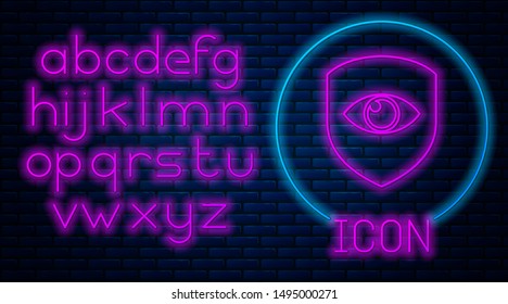 Glowing neon Shield and eye icon isolated on brick wall background. Security, safety, protection, privacy concept. Neon light alphabet. Vector Illustration