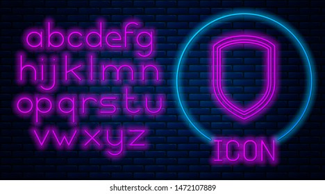 Glowing neon Shield icon isolated on brick wall background. Guard sign. Neon light alphabet. Vector Illustration