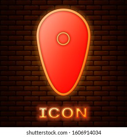 Glowing neon Shield icon isolated on brick wall background. Guard sign. Security, safety, protection, privacy concept.  Vector Illustration