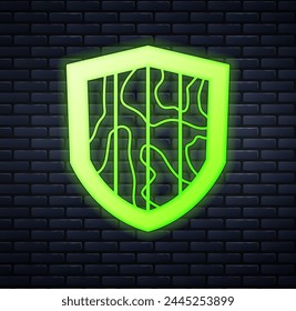 Icono brillante del escudo del neón aislado en el fondo de la pared de ladrillo. Señal de guardia. Seguridad, seguridad, protección, concepto de privacidad.  Vector