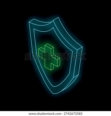 Glowing neon shield protecting green cross healthcare symbol on a black background