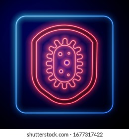 Glowing neon Shield protecting from virus, germs and bacteria icon isolated on blue background. Immune system concept. Corona virus 2019-nCoV.  Vector Illustration