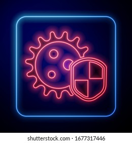 Glowing neon Shield protecting from virus, germs and bacteria icon isolated on blue background. Immune system concept. Corona virus 2019-nCoV.  Vector Illustration