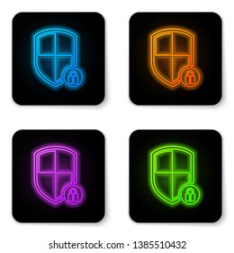 Glowing neon Shield security with lock icon isolated on white background. Protection, safety, password security. Firewall access privacy sign. Black square button. Vector Illustration