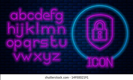 Glowing neon Shield security with lock icon isolated on brick wall background. Protection, safety, password security. Firewall access privacy sign. Neon light alphabet. Vector Illustration
