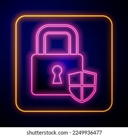 Glowing neon Shield security with lock icon isolated on black background. Protection, safety, password security. Firewall access privacy sign.  Vector