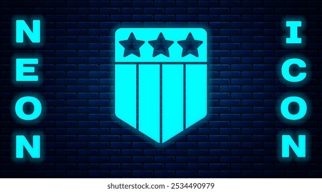 Glowing neon Shield with stars and stripes icon isolated on brick wall background. United States of America country flag. 4th of July. USA Independence day.  Vector