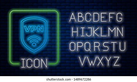 Glowing neon Shield with VPN and wifi wireless internet network symbol icon isolated on brick wall background. VPN protect safety concept. Neon light alphabet. Vector Illustration