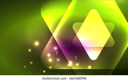 Glowing neon shiny transparent abstract geometric shapes with light effects. Techno futuristic vector abstract background For Wallpaper, Banner, Background, Card, Book Illustration, landing page