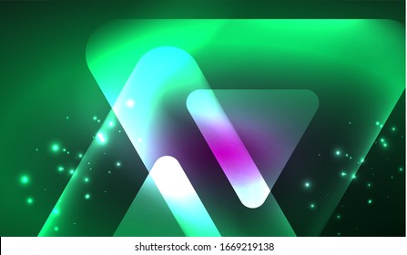 Glowing neon shiny transparent abstract geometric shapes with light effects. Techno futuristic vector abstract background 
