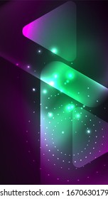 Glowing neon shiny transparent abstract geometric shapes with light effects. Techno futuristic vector abstract background For Wallpaper, Banner, Background, Card, Book Illustration, landing page