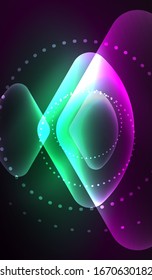 Glowing neon shiny transparent abstract geometric shapes with light effects. Techno futuristic vector abstract background For Wallpaper, Banner, Background, Card, Book Illustration, landing page