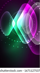 Glowing neon shiny transparent abstract geometric shapes with light effects. Techno futuristic vector abstract background For Wallpaper, Banner, Background, Card, Book Illustration, landing page