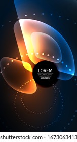Glowing neon shiny transparent abstract geometric shapes with light effects. Techno futuristic vector abstract background For Wallpaper, Banner, Background, Card, Book Illustration, landing page