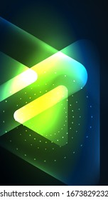 Glowing neon shiny transparent abstract geometric shapes with light effects. Techno futuristic vector abstract background For Wallpaper, Banner, Background, Card, Book Illustration, landing page