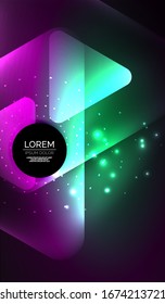 Glowing neon shiny transparent abstract geometric shapes with light effects. Techno futuristic vector abstract background For Wallpaper, Banner, Background, Card, Book Illustration, landing page