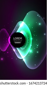 Glowing neon shiny transparent abstract geometric shapes with light effects. Techno futuristic vector abstract background For Wallpaper, Banner, Background, Card, Book Illustration, landing page