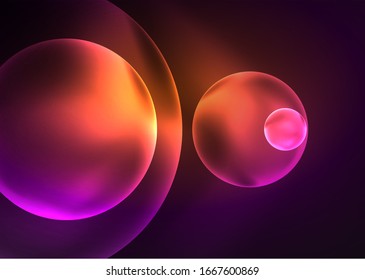 Glowing neon shiny transparent bubbles, glass circles or bio cell concept. Techno futuristic vector abstract background For Wallpaper, Banner, Background, Card, Book Illustration, landing page
