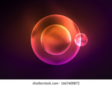 Glowing neon shiny transparent bubbles, glass circles or bio cell concept. Techno futuristic vector abstract background For Wallpaper, Banner, Background, Card, Book Illustration, landing page