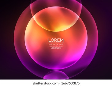 Glowing neon shiny transparent bubbles, glass circles or bio cell concept. Techno futuristic vector abstract background For Wallpaper, Banner, Background, Card, Book Illustration, landing page